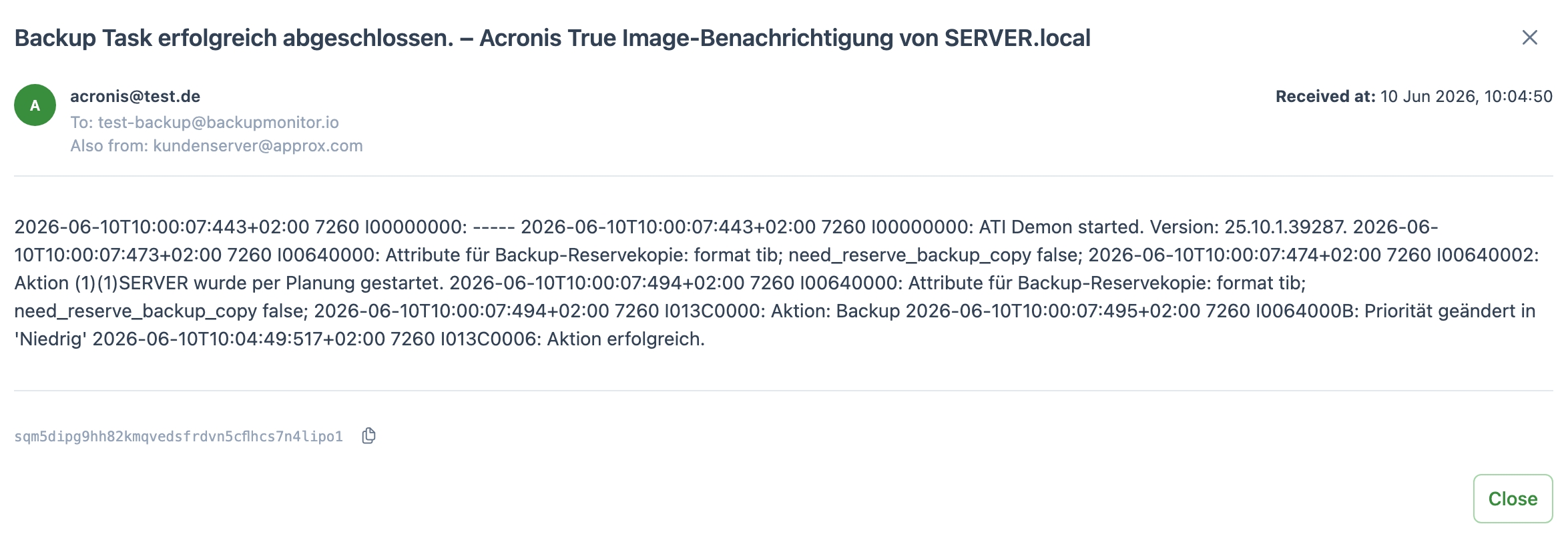 Screenshot: geparste Acronis-Status-Mail in BackupMonitor