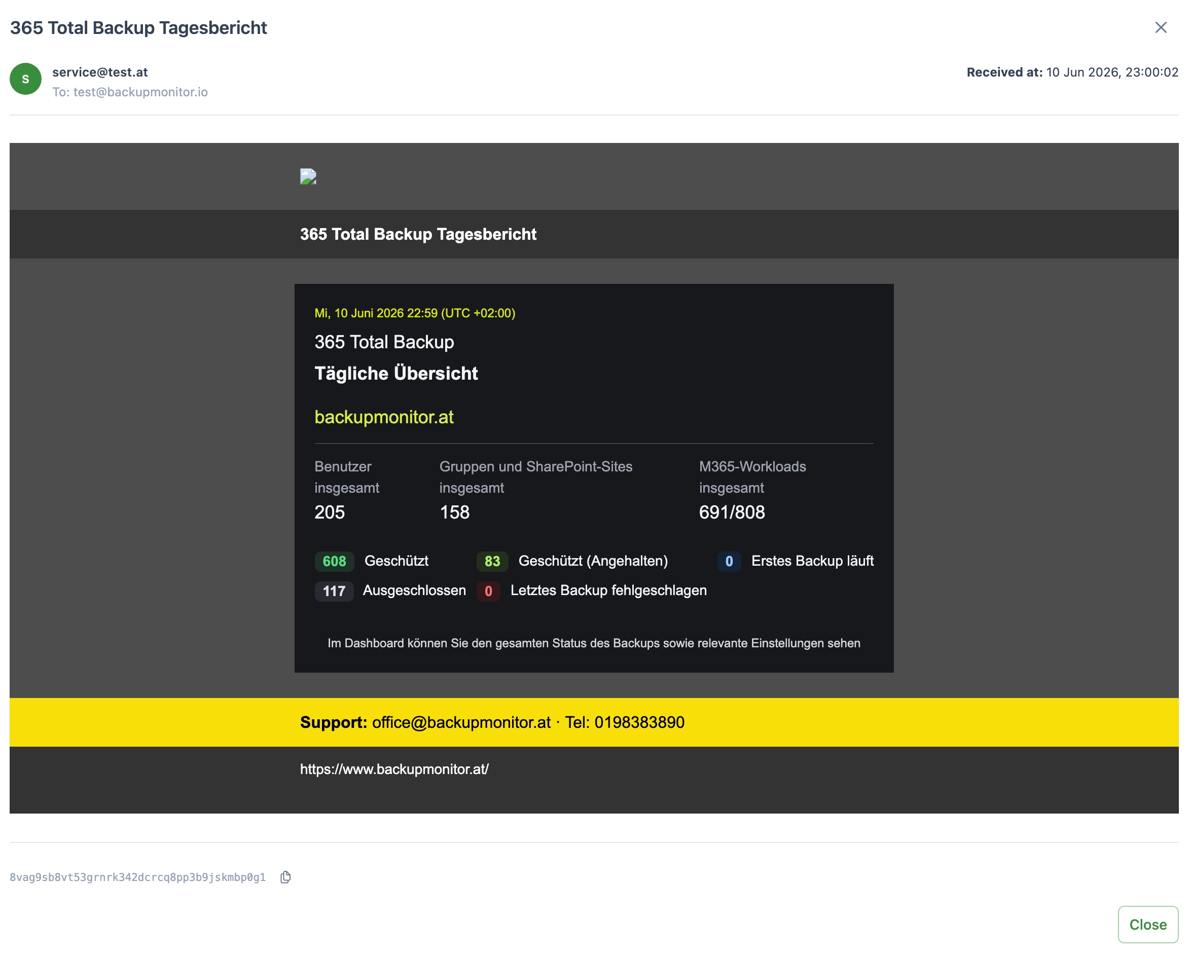 Screenshot: geparste Hornetsecurity VM Backup Mail in BackupMonitor