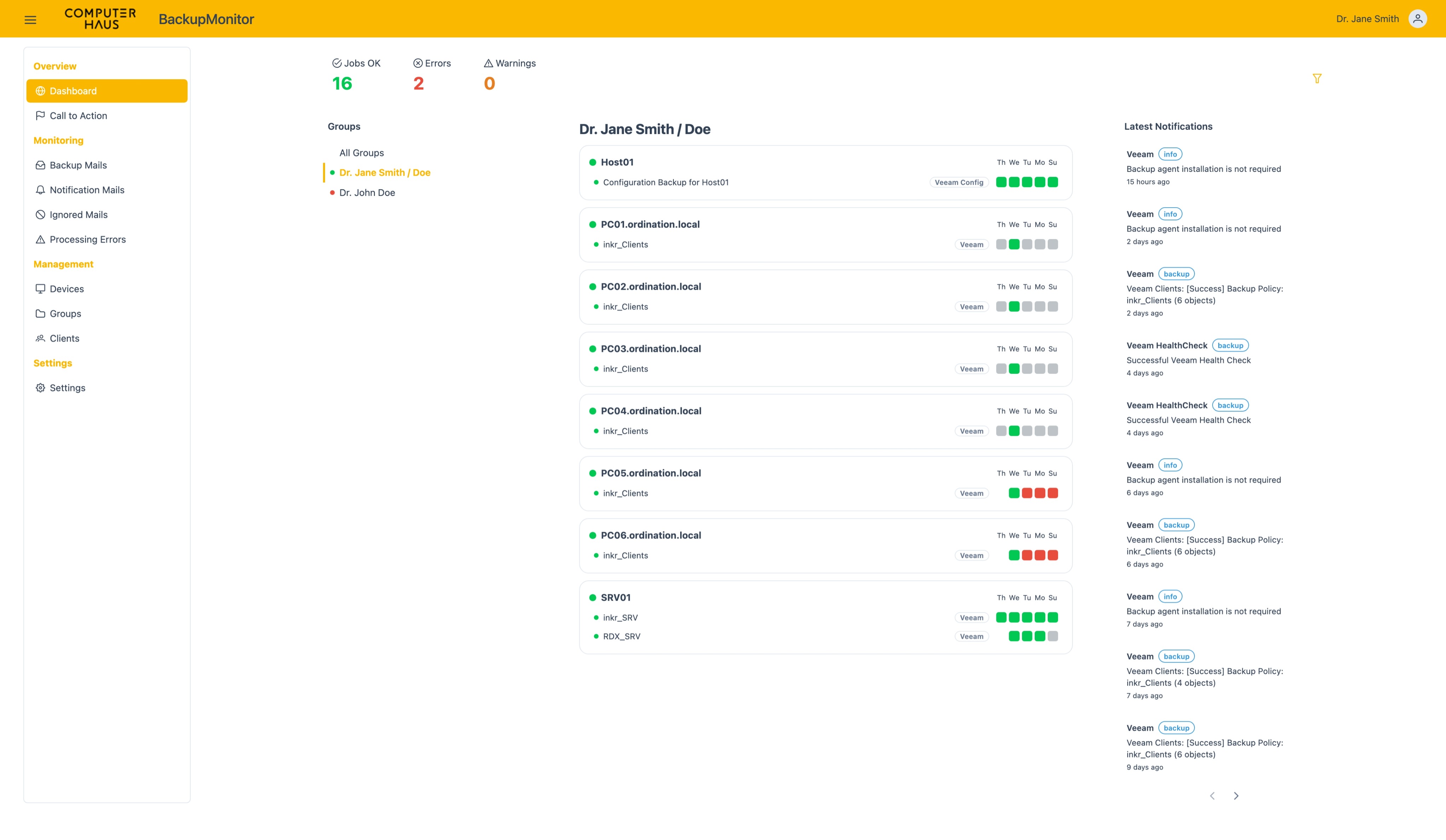 Screenshot: BackupMonitor-Dashboard im Branding eines Partners